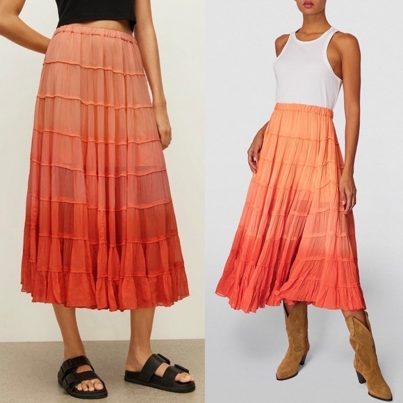 *NWT ALLSAINTS Sunset Ombré Colorblock Striped Crepe Tiered Ruffle Midi Skirt 6 - Picture 7 of 11